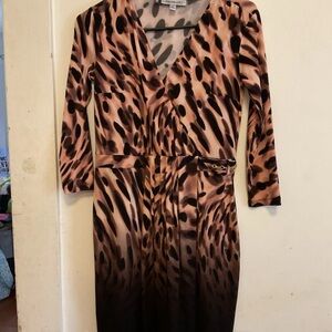 Jennifer Lopez Leopard-Print V-Neck Midi Dress in Brown and Black